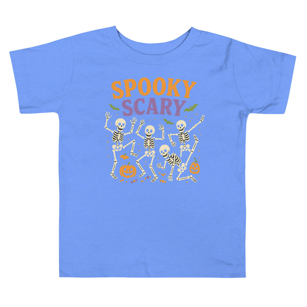 Spooky Scary toddler tee in heather columbia blue with dancing skeletons and jack-o'-lanterns
