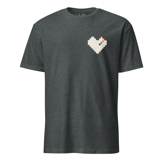 Pixel Heart Pride unisex tee in dark heather grey with a small pixel-art rainbow heart on the chest