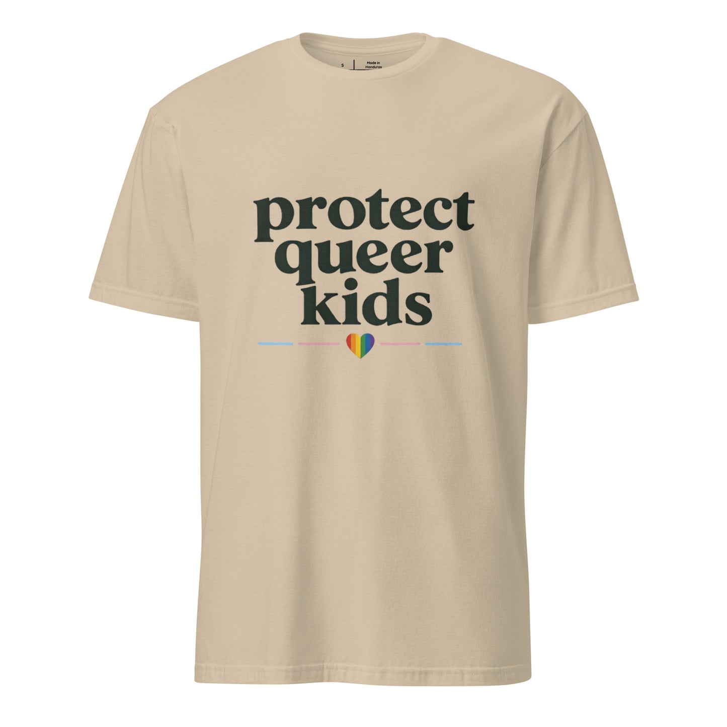 Protect Queer Kids unisex pride tee in sand with stacked typography and rainbow heart accent