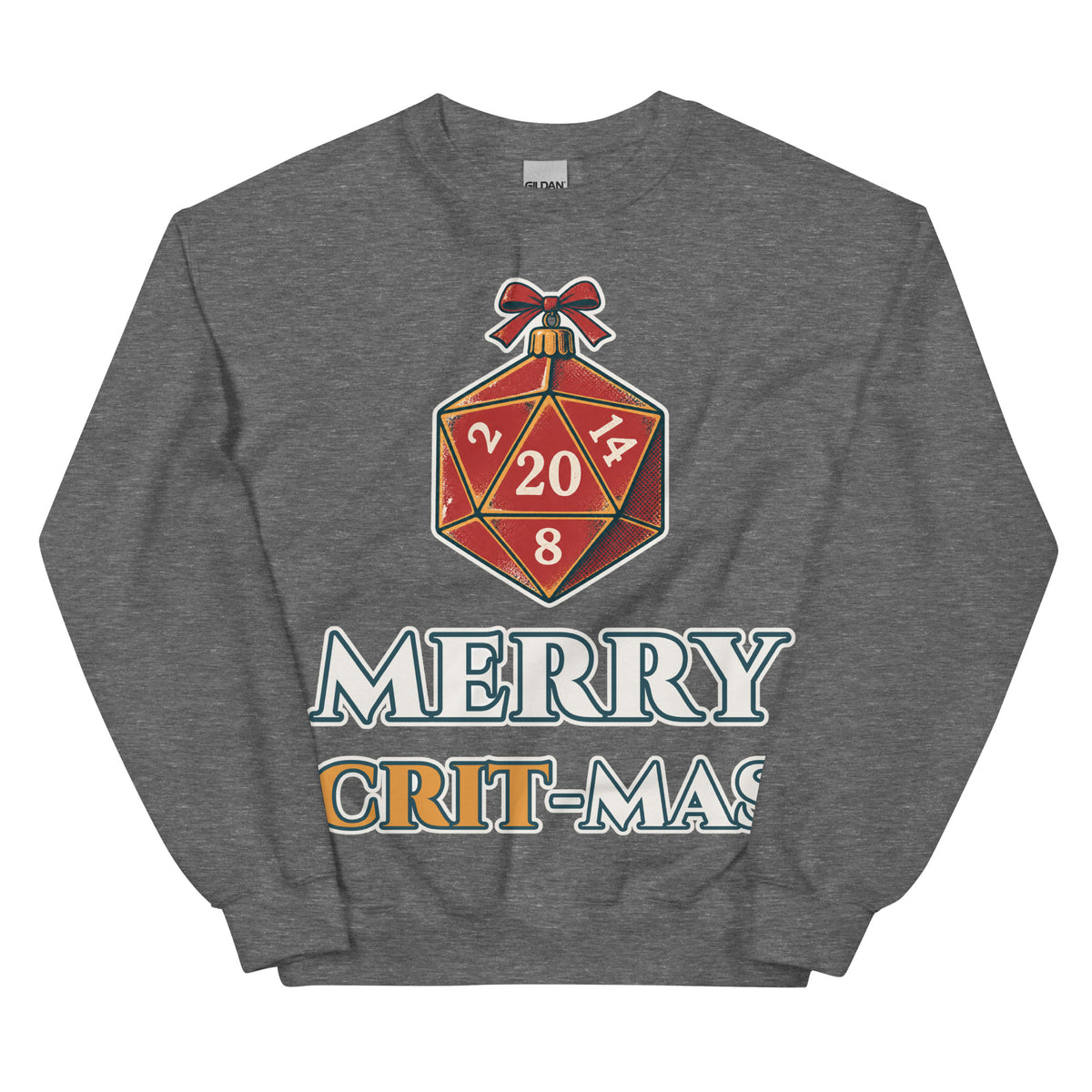 Merry Crit-mas unisex crewneck in graphite heather with a d20 Christmas ornament