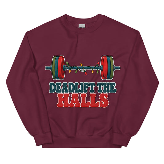Deadlift the Halls unisex crewneck in maroon with a barbell wrapped in Christmas lights