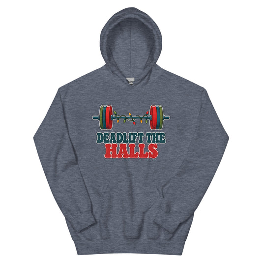 Deadlift the Halls unisex hoodie in heather sport dark navy with a barbell wrapped in Christmas lights