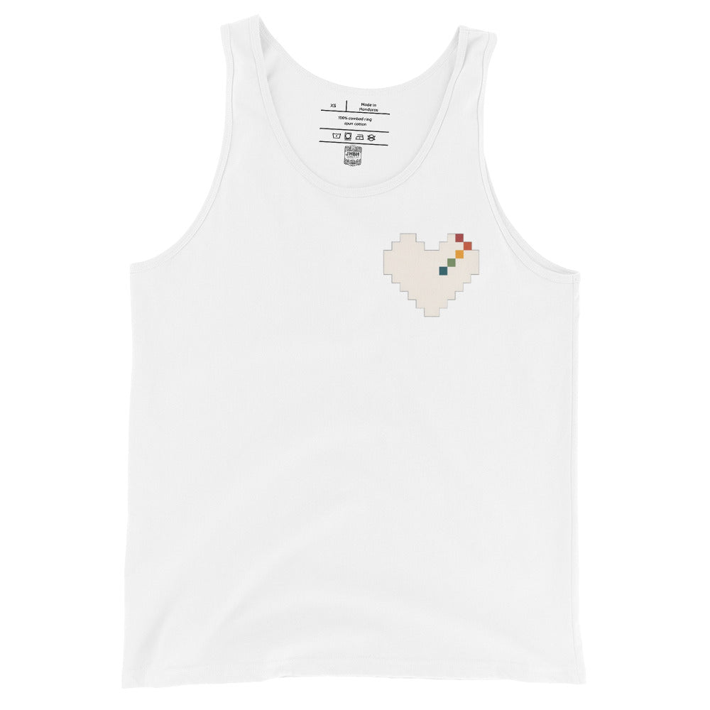 Pixel Heart Pride unisex tank in white with a retro rainbow pixel heart