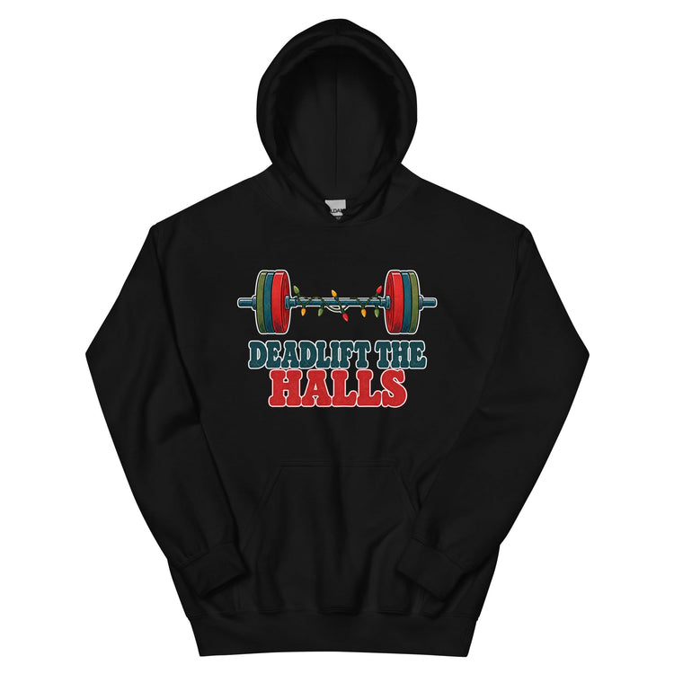 Deadlift the Halls unisex hoodie in black with a barbell wrapped in Christmas lights