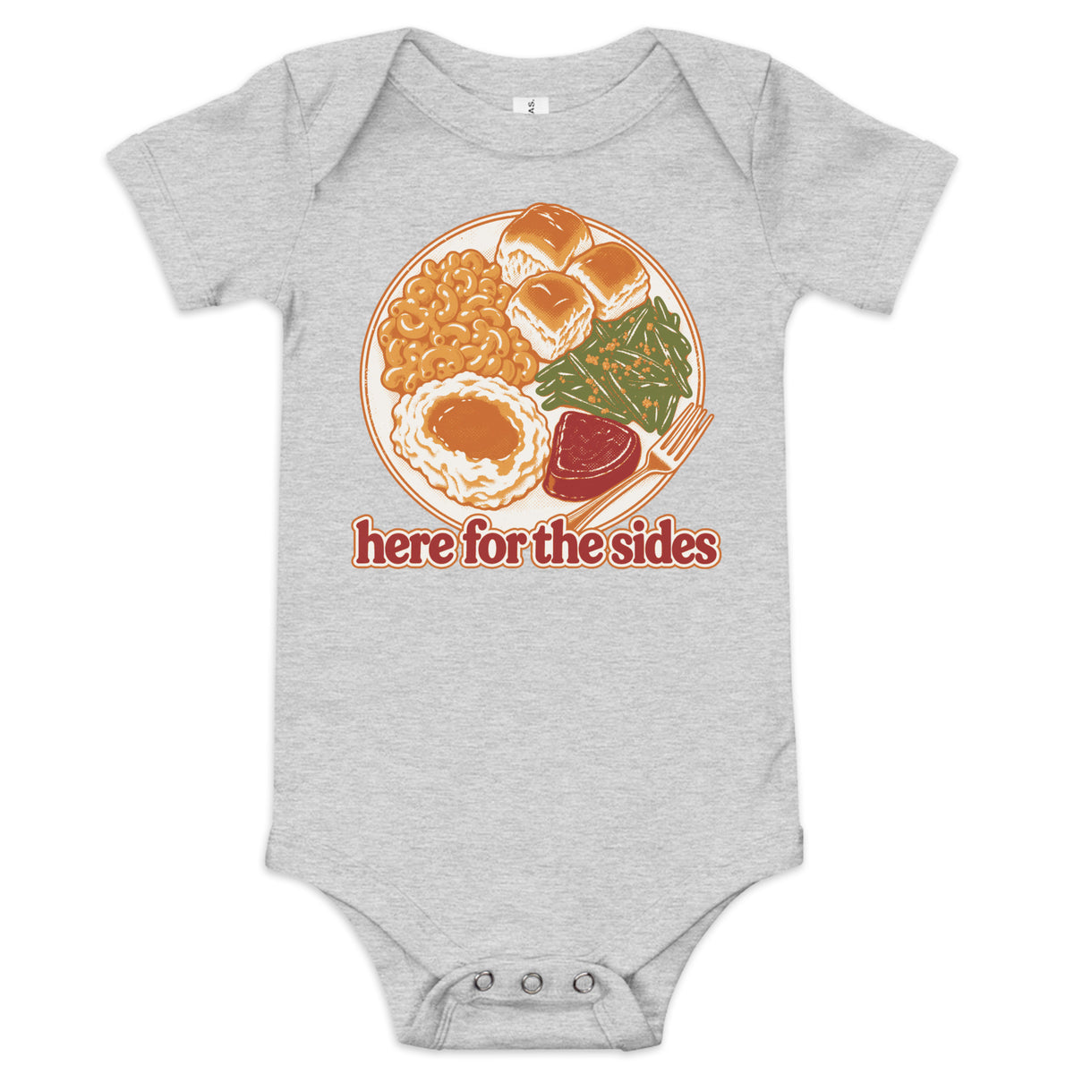 Here for the Sides baby onesie in athletic heather with a retro plate of Thanksgiving sides