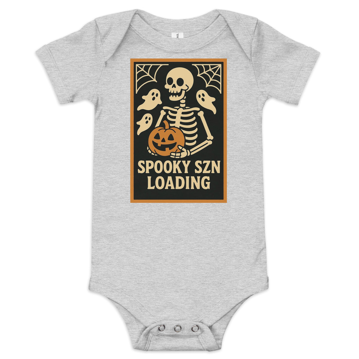Spooky Szn Baby Onesie in Athletic Heather, front view