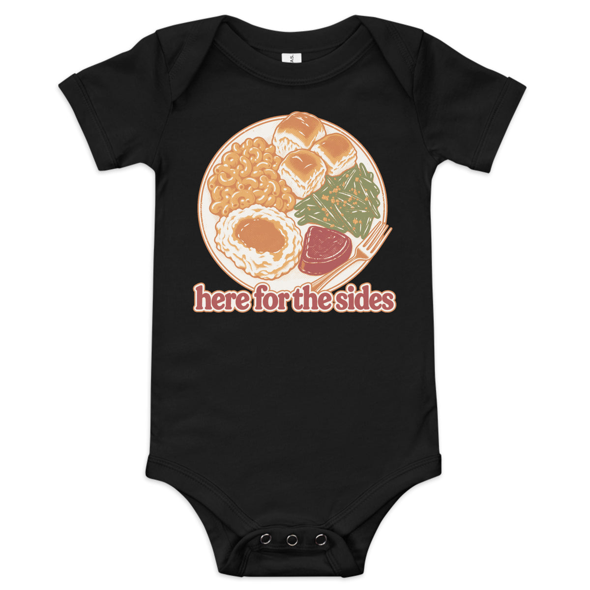 Here for the Sides baby onesie in black with a retro plate of Thanksgiving sides