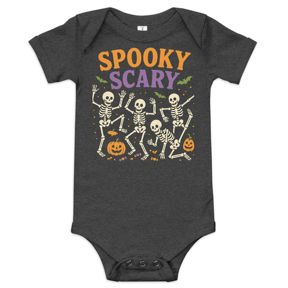 Spooky Scary baby onesie in dark grey heather with dancing skeletons and jack-o'-lanterns
