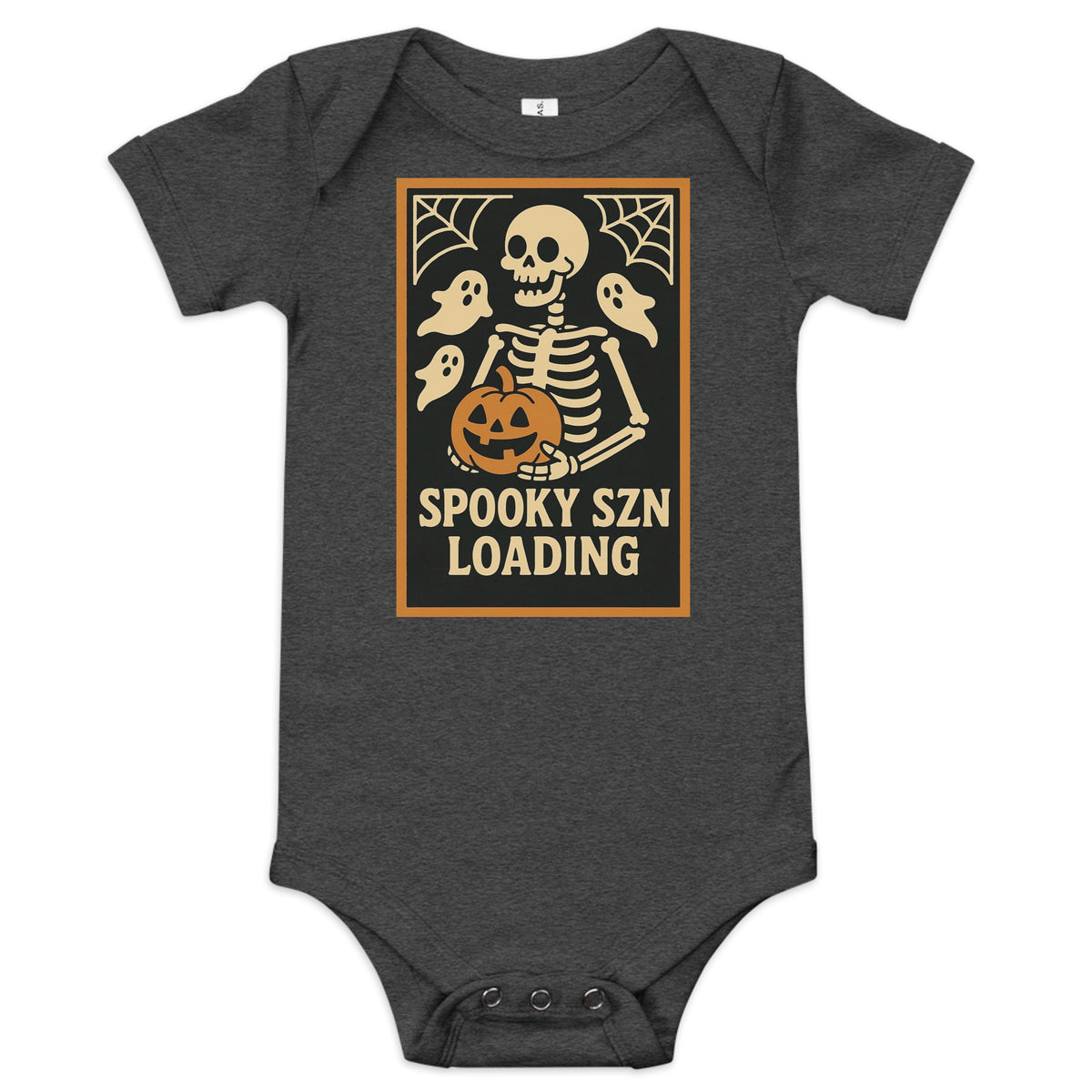 Spooky Szn Baby Onesie in Dark Grey Heather, front view