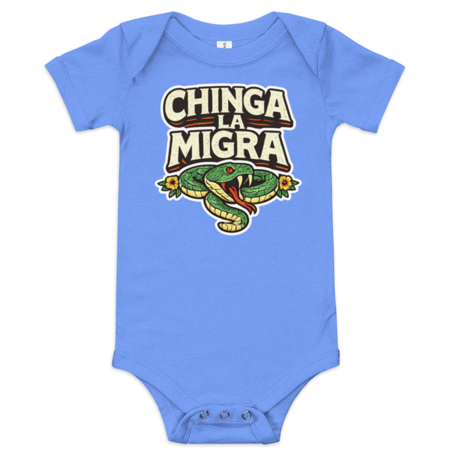 Chinga La Migra baby onesie heather columbia blue