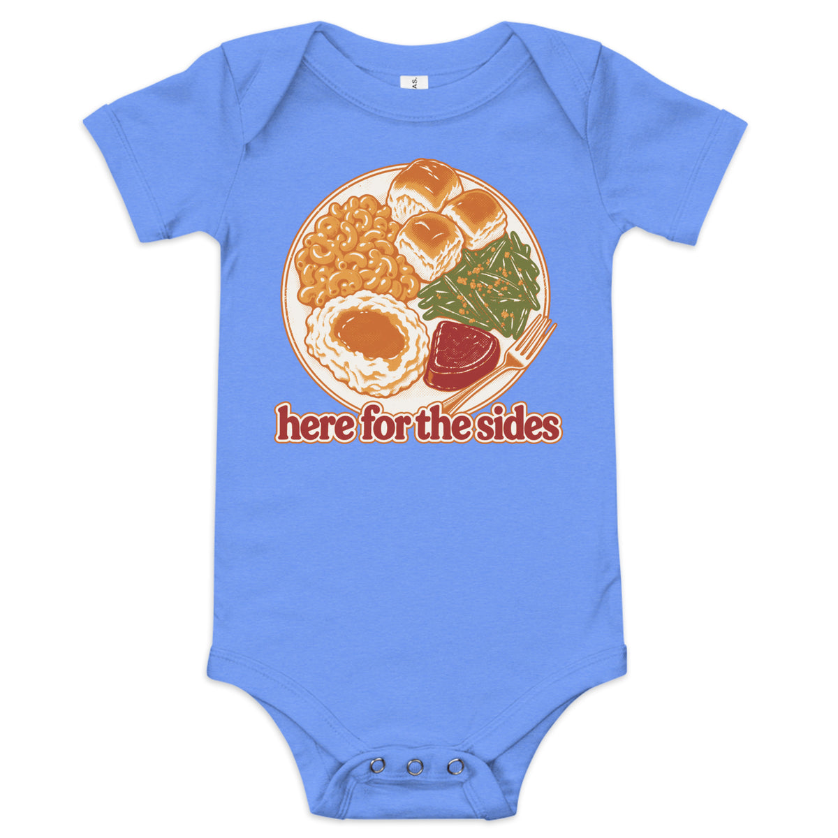 Here for the Sides baby onesie in heather columbia blue with a retro plate of Thanksgiving sides