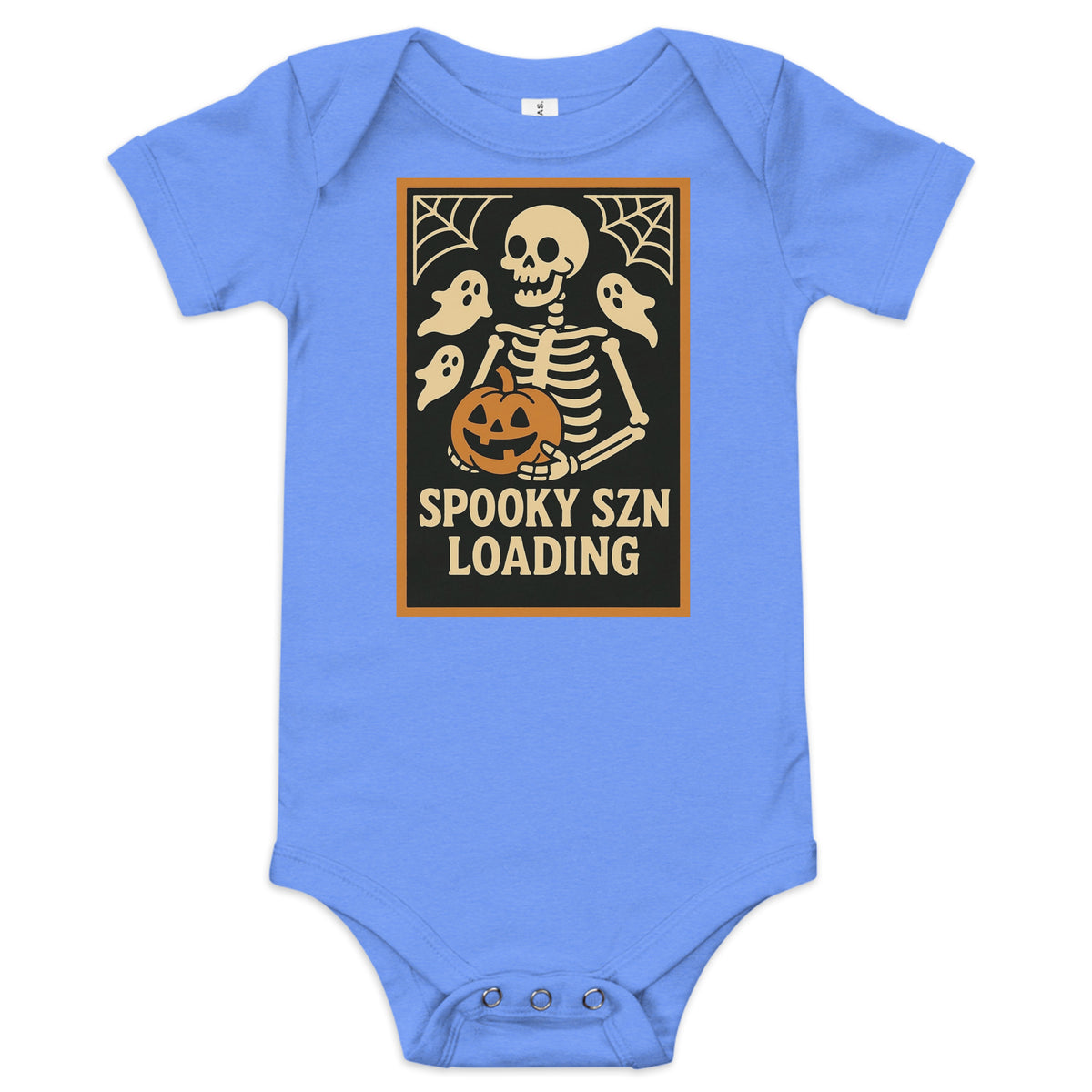 Spooky Szn Baby Onesie in Heather Columbia Blue, front view