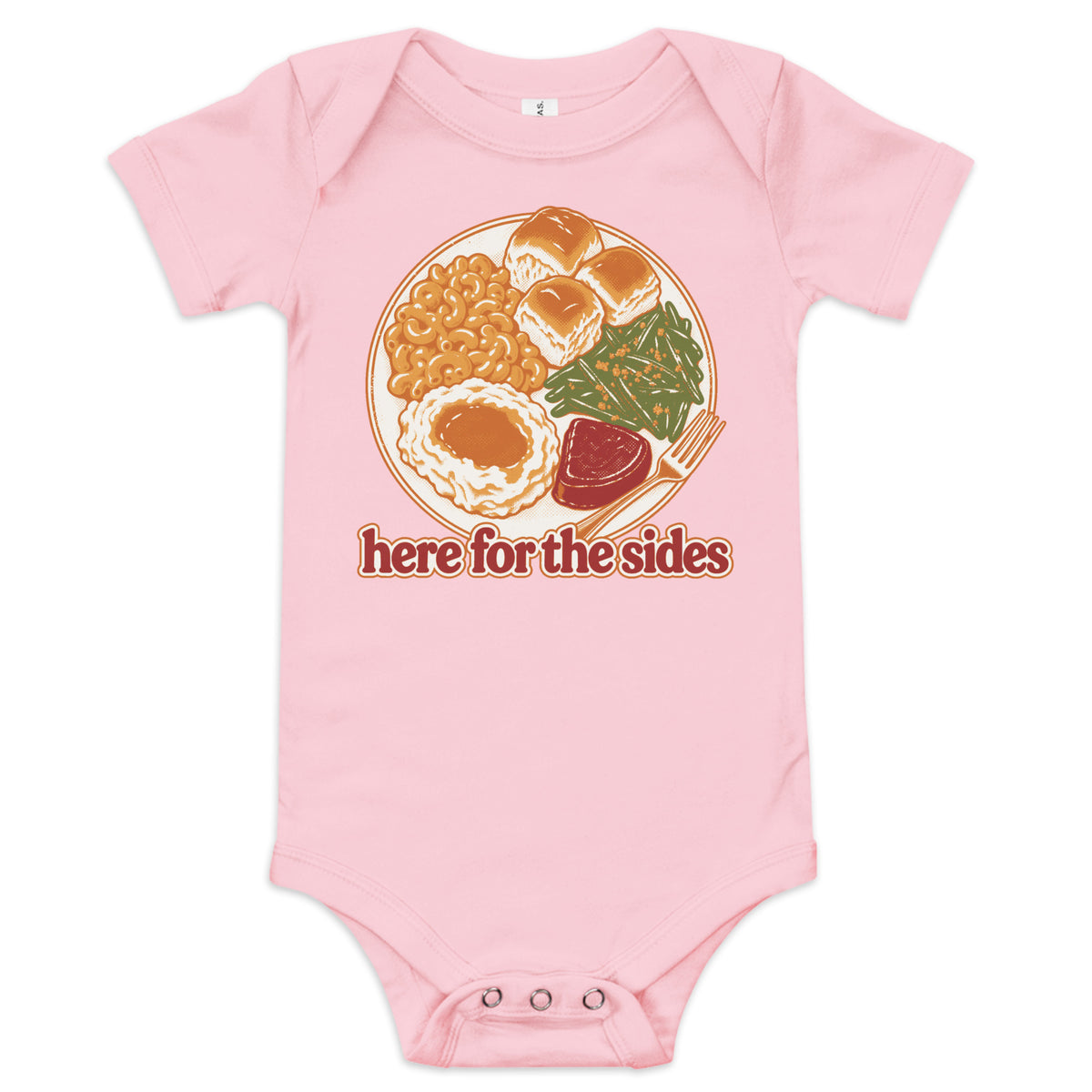 Here for the Sides baby onesie in pink with a retro plate of Thanksgiving sides