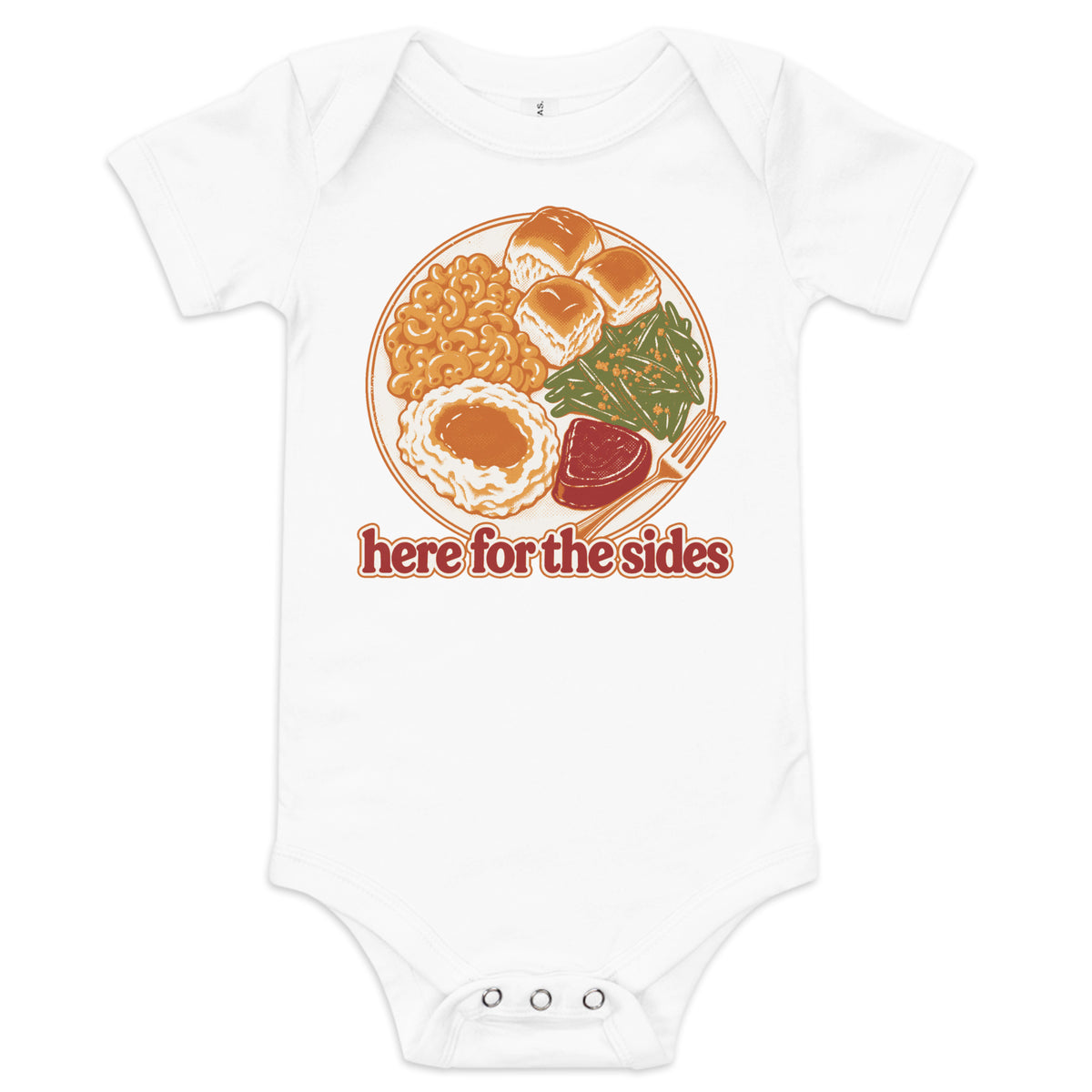 Here for the Sides baby onesie in white with a retro plate of Thanksgiving sides