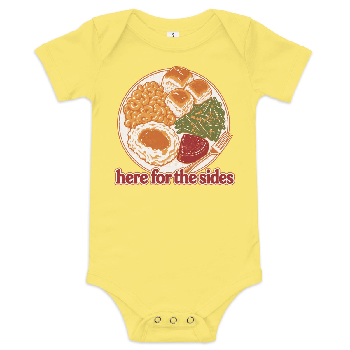 Here for the Sides baby onesie in yellow with a retro plate of Thanksgiving sides