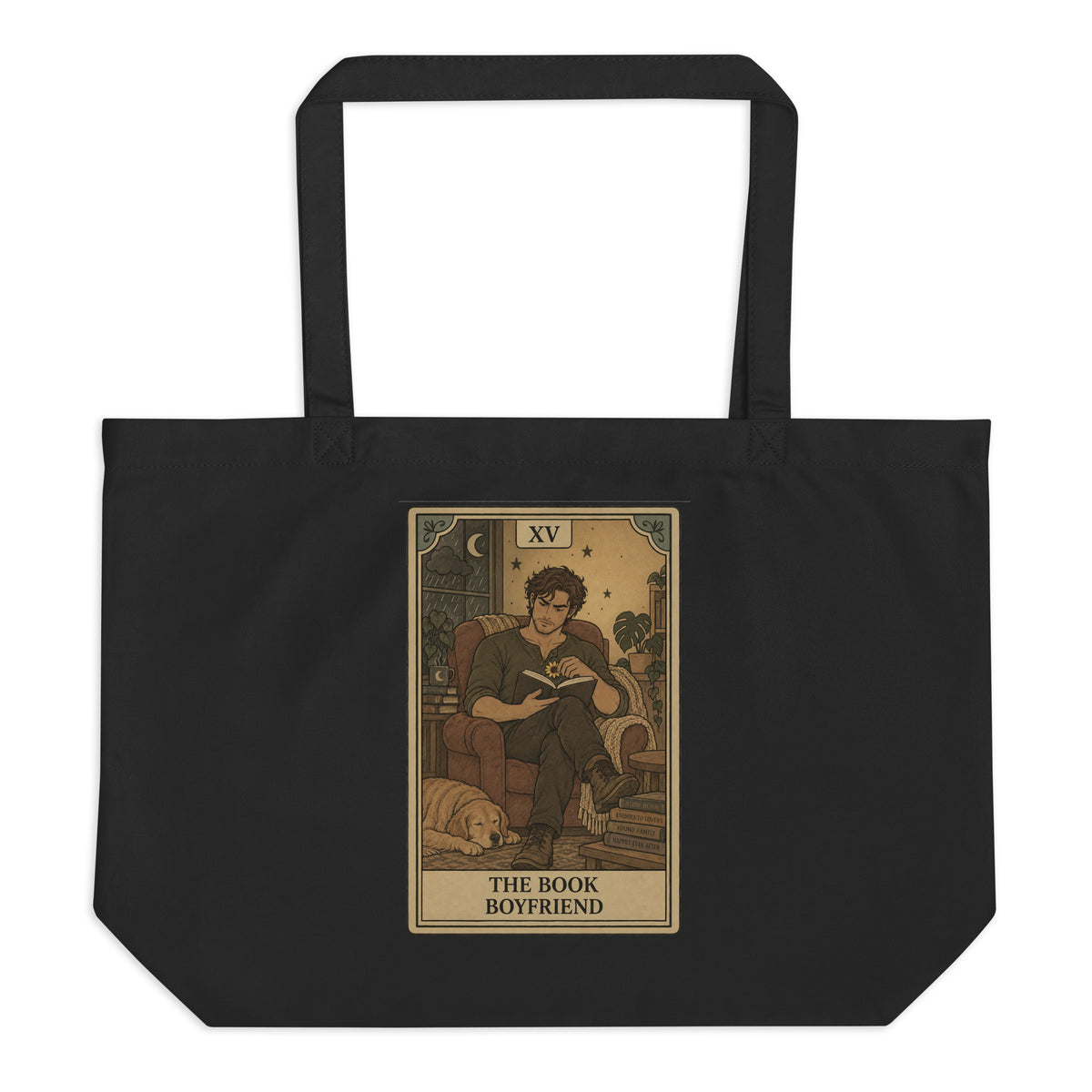 Black organic cotton tote bag printed with the Book Boyfriend Tarot design
