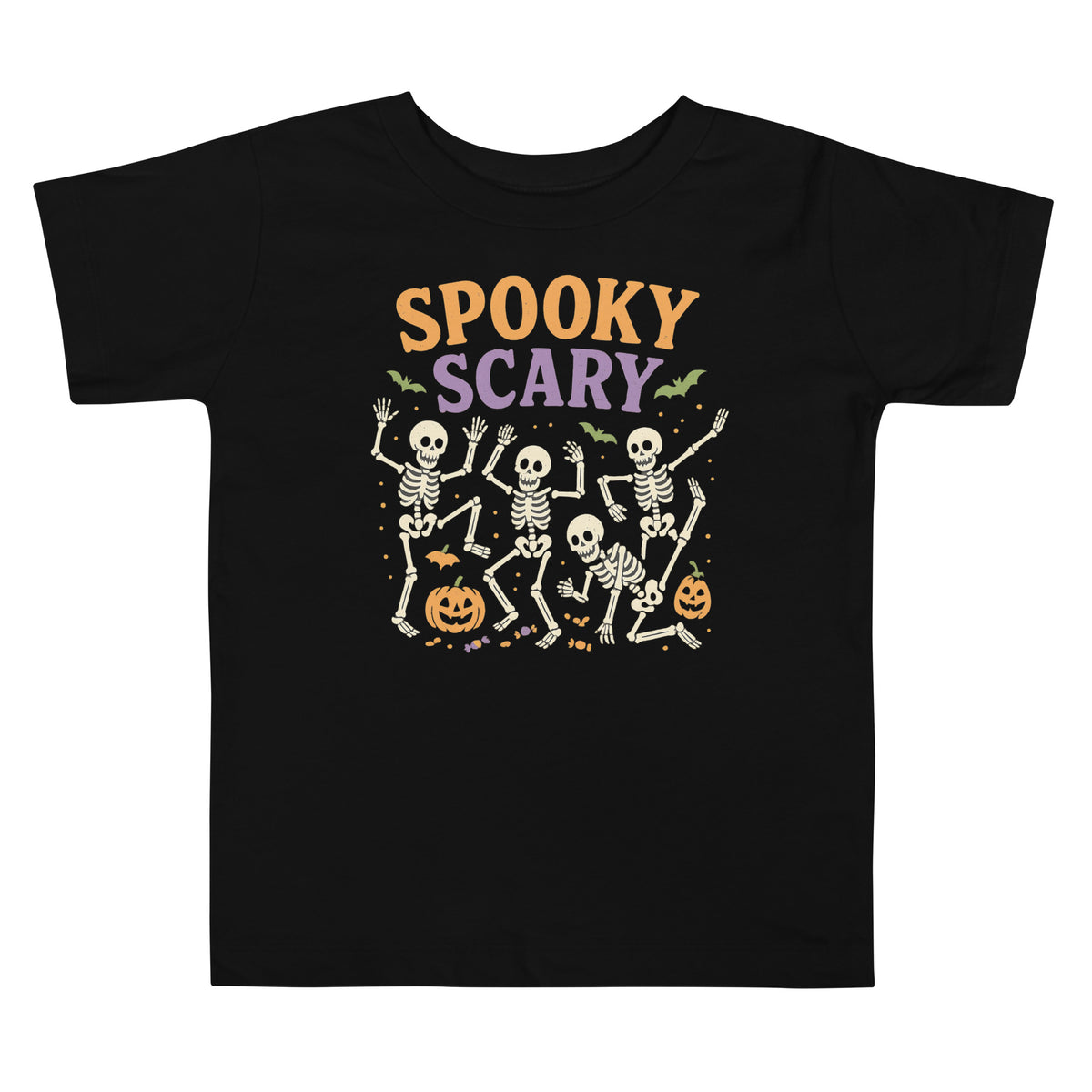 Spooky Scary toddler tee in black with dancing skeletons and jack-o'-lanterns