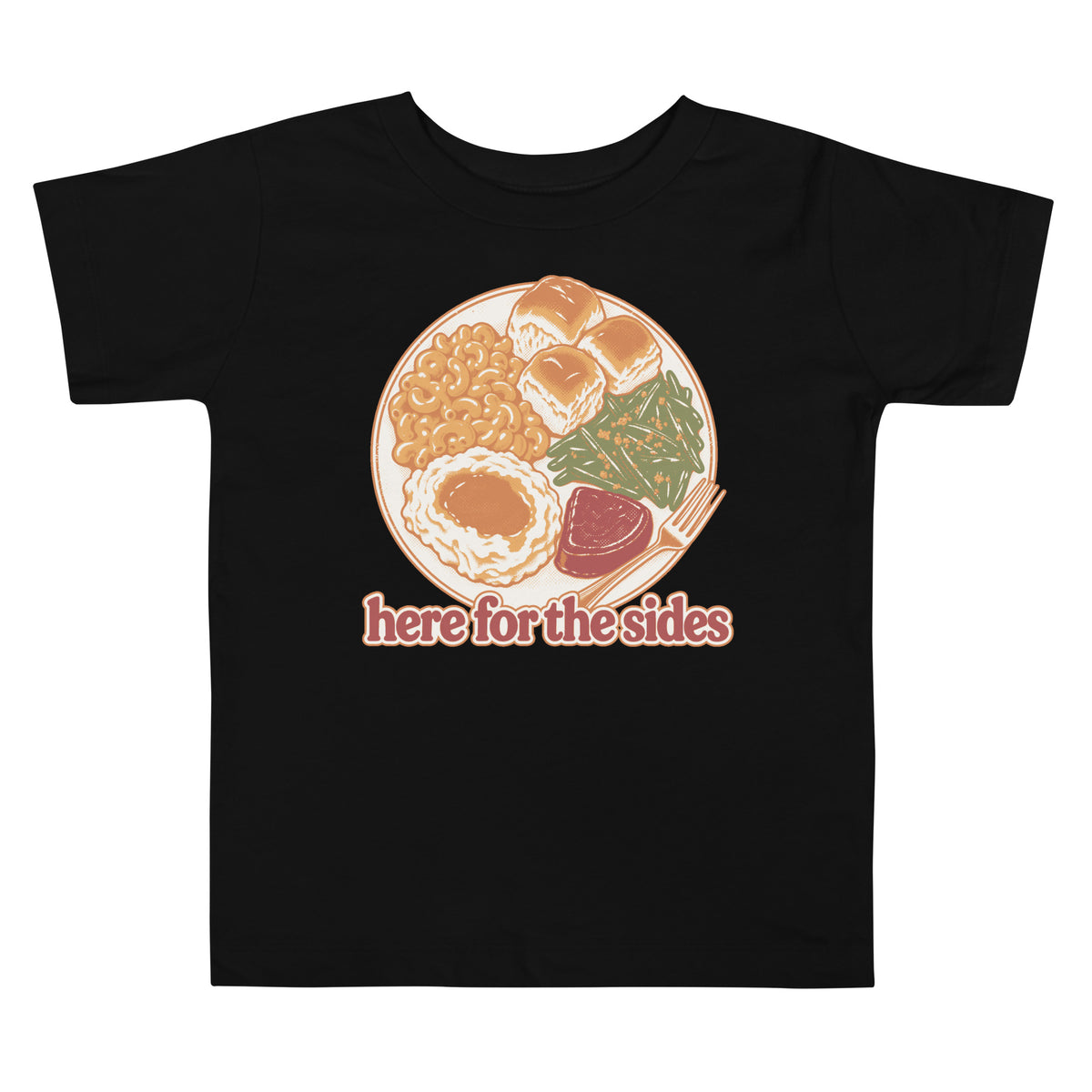 Here for the Sides toddler tee in black with a retro plate of Thanksgiving sides
