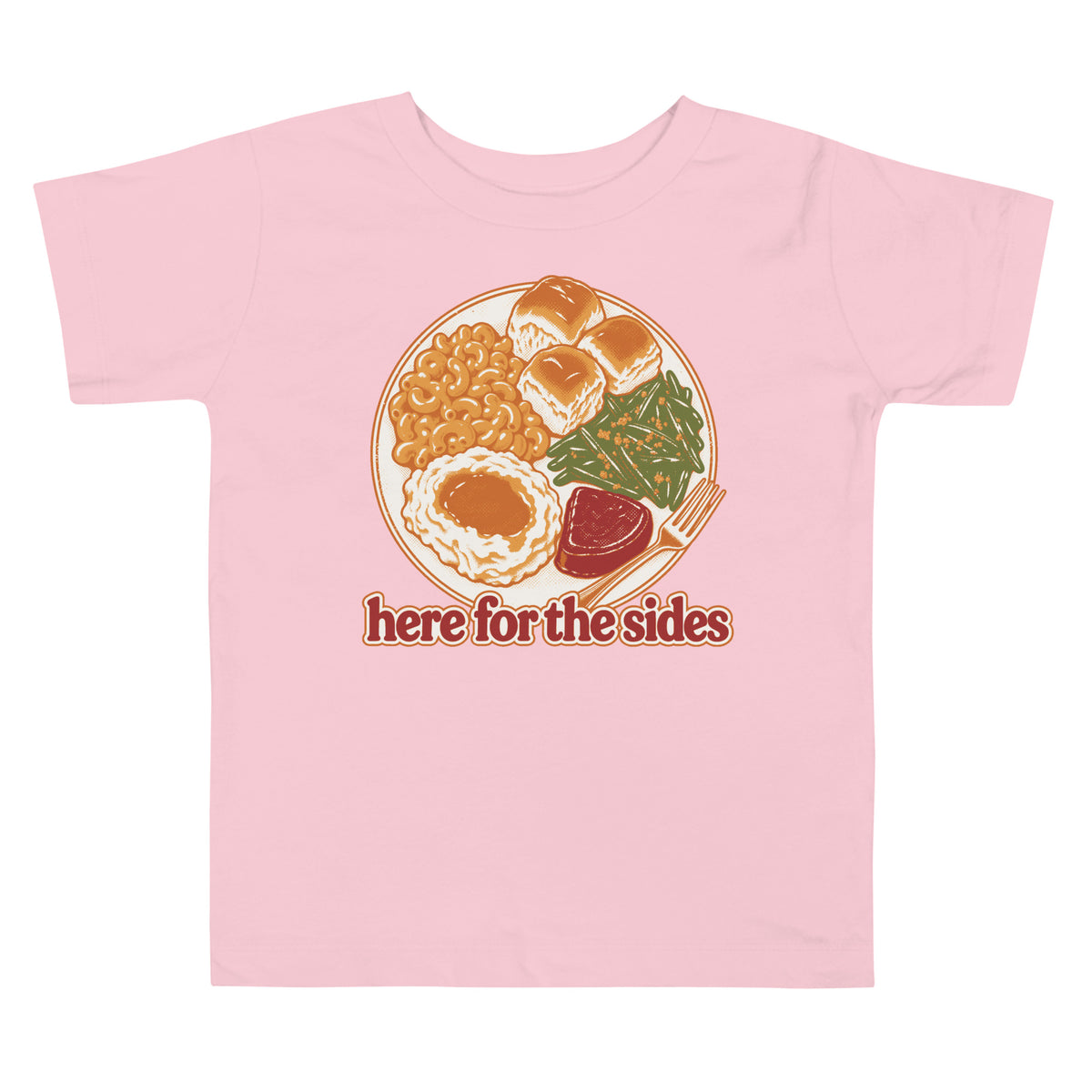 Here for the Sides toddler tee in pink with a retro plate of Thanksgiving sides