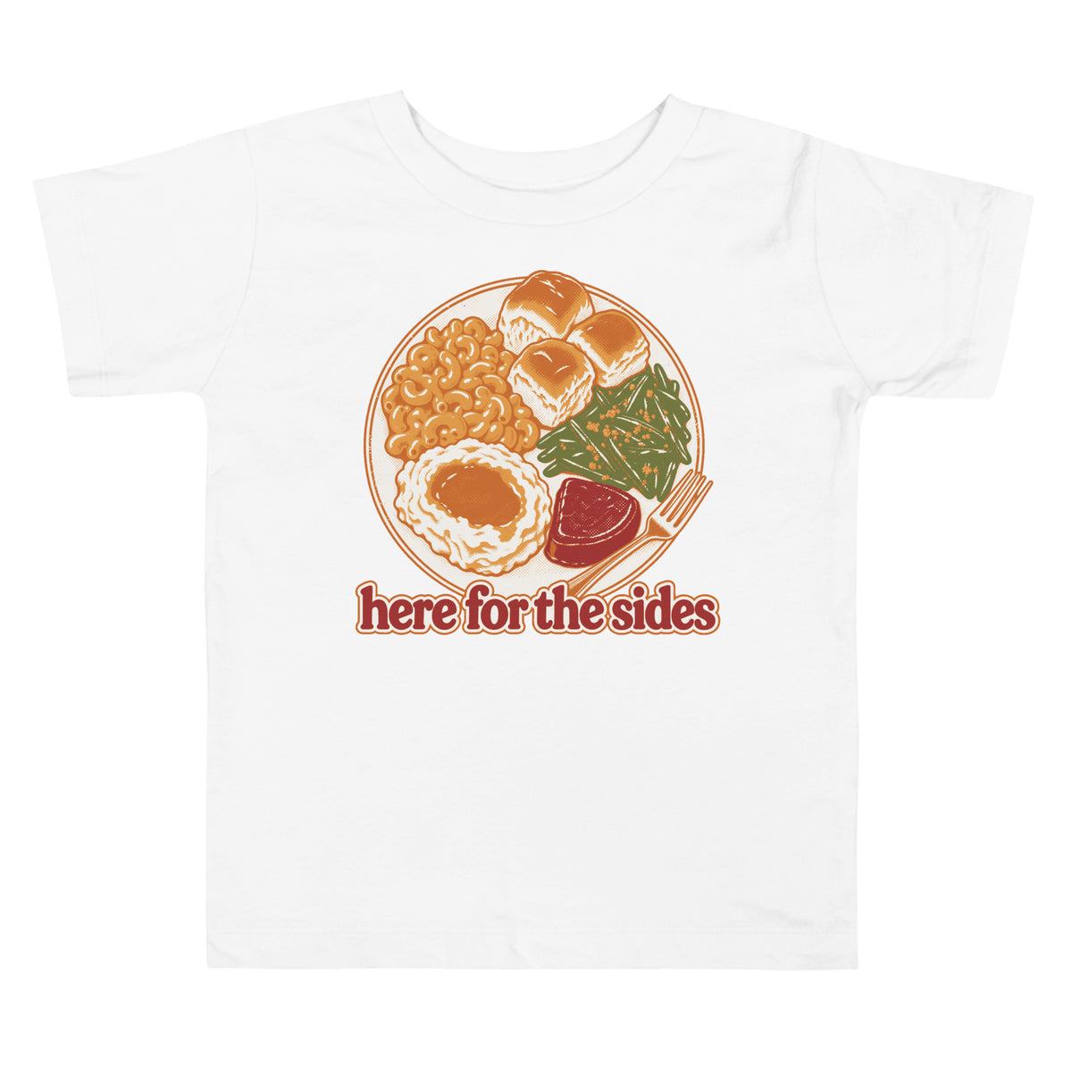 Here for the Sides toddler tee in white with a retro plate of Thanksgiving sides