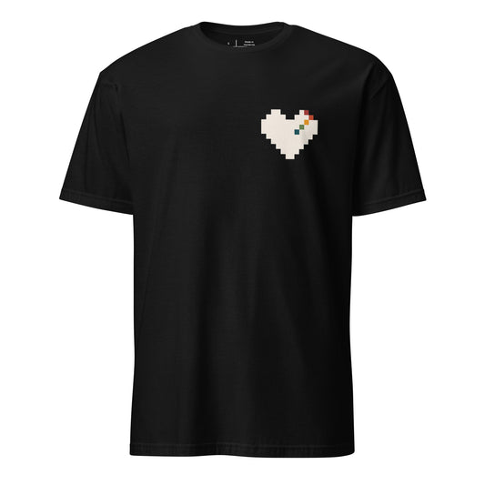 Pixel Heart Pride unisex tee in black with a small pixel-art rainbow heart on the chest