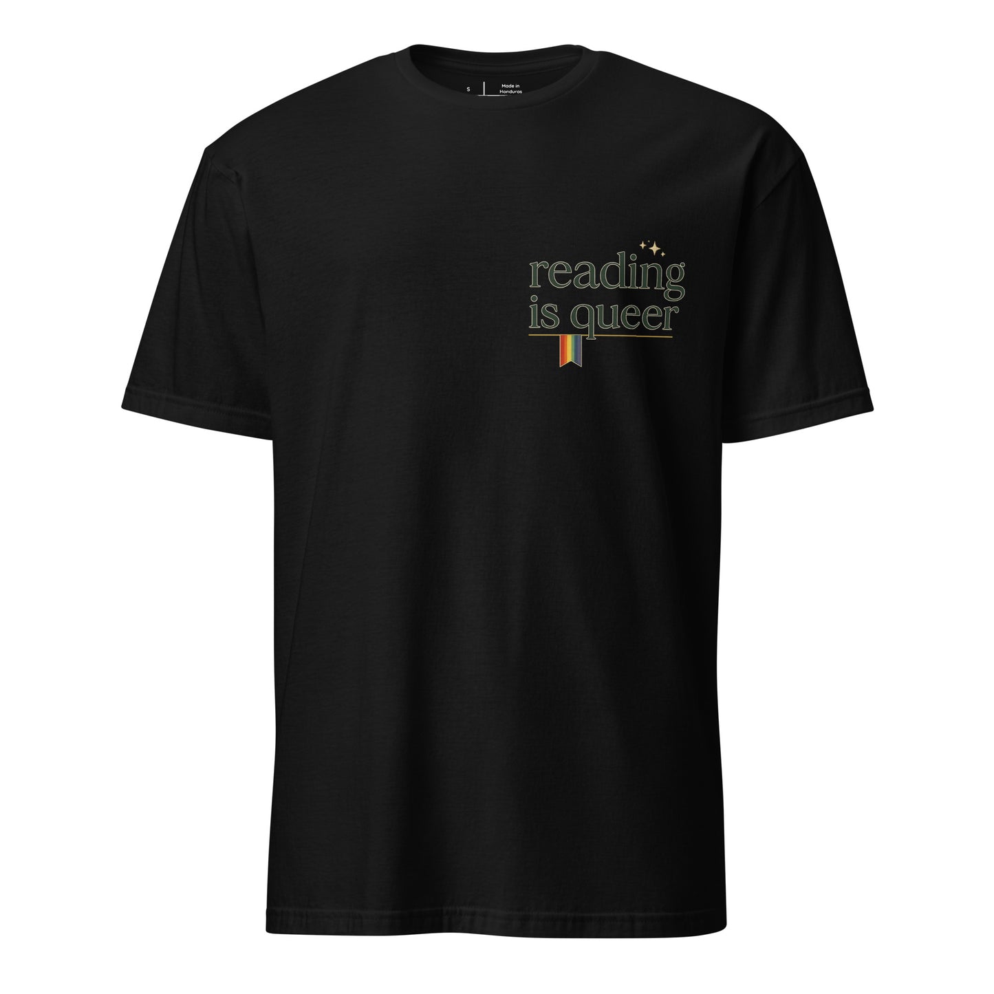 Reading is Queer unisex pride tee in black with retro 'reading is queer' lettering and rainbow accent