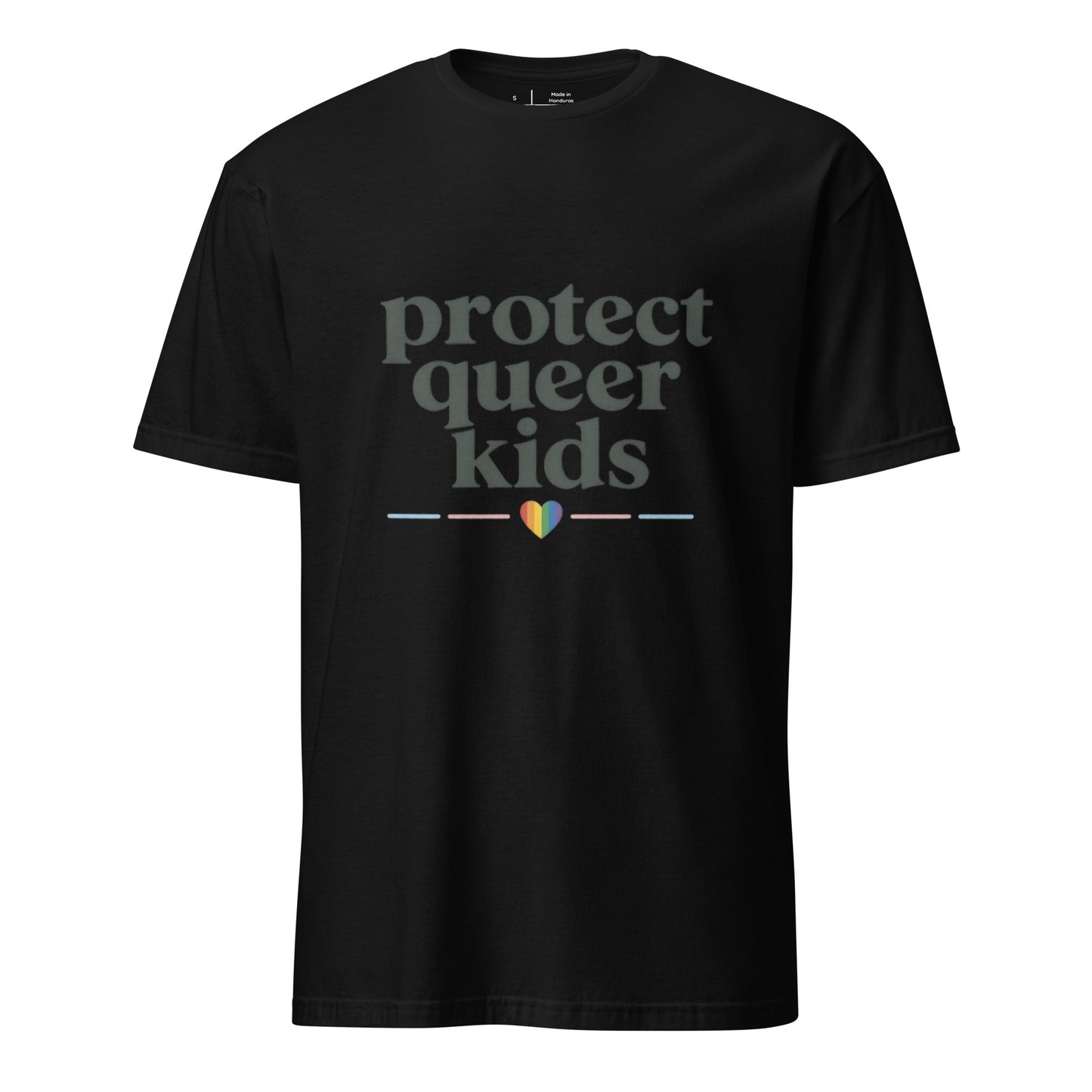 Protect Queer Kids unisex pride tee in black with stacked typography and rainbow heart accent