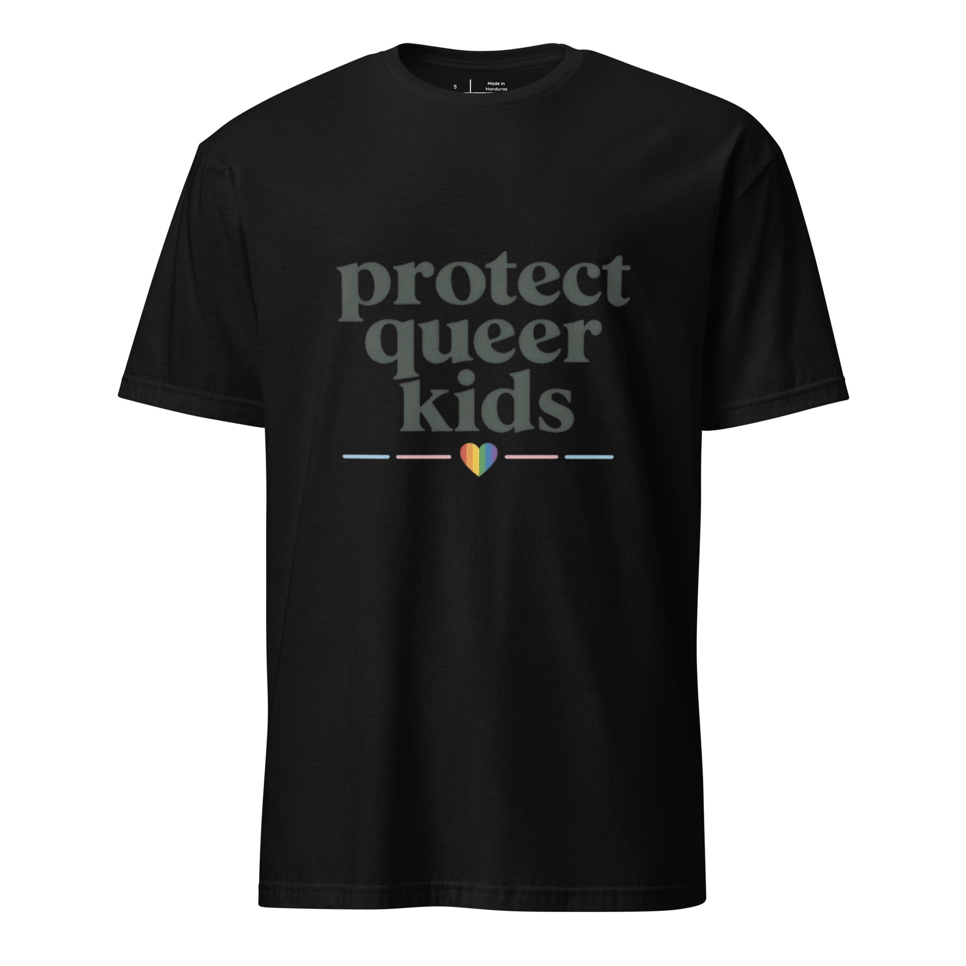 Protect Queer Kids unisex pride tee in black with stacked typography and rainbow heart accent