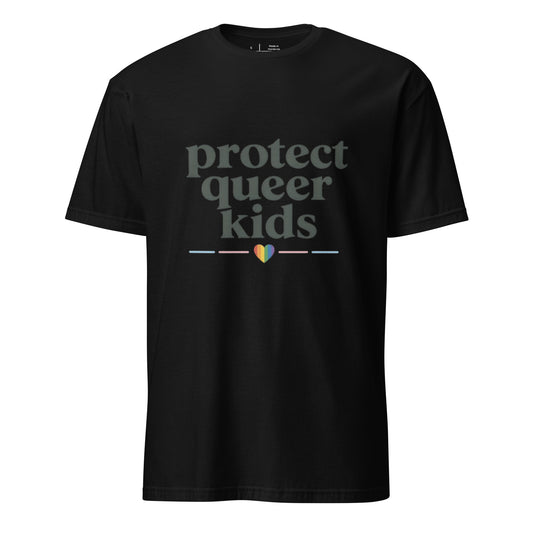 Protect Queer Kids unisex pride tee in black with stacked typography and rainbow heart accent