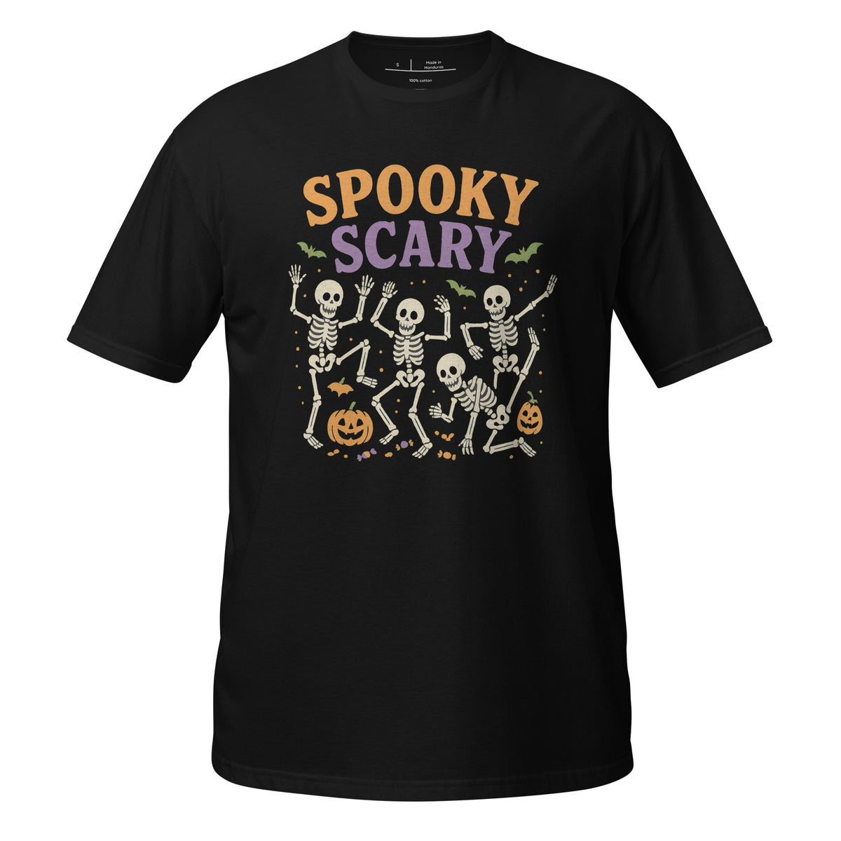 Spooky Scary unisex tee in black with dancing skeletons and jack-o'-lanterns