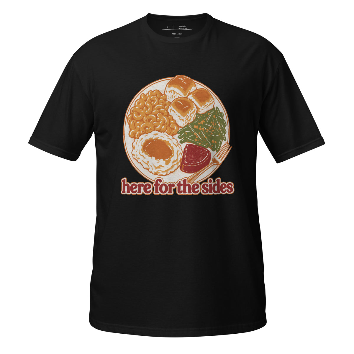 Here for the Sides unisex tee in black with a retro plate of Thanksgiving sides