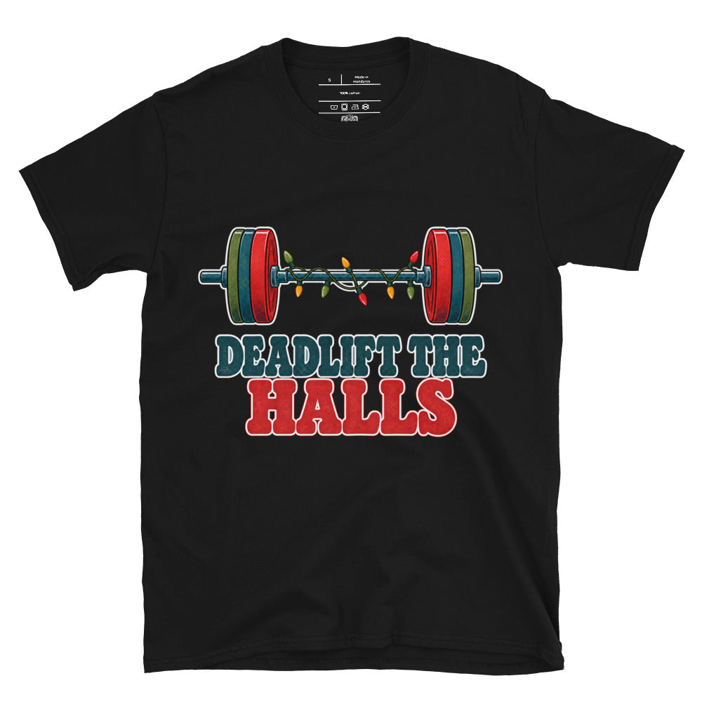 Deadlift the Halls unisex tee in black with a barbell wrapped in Christmas lights