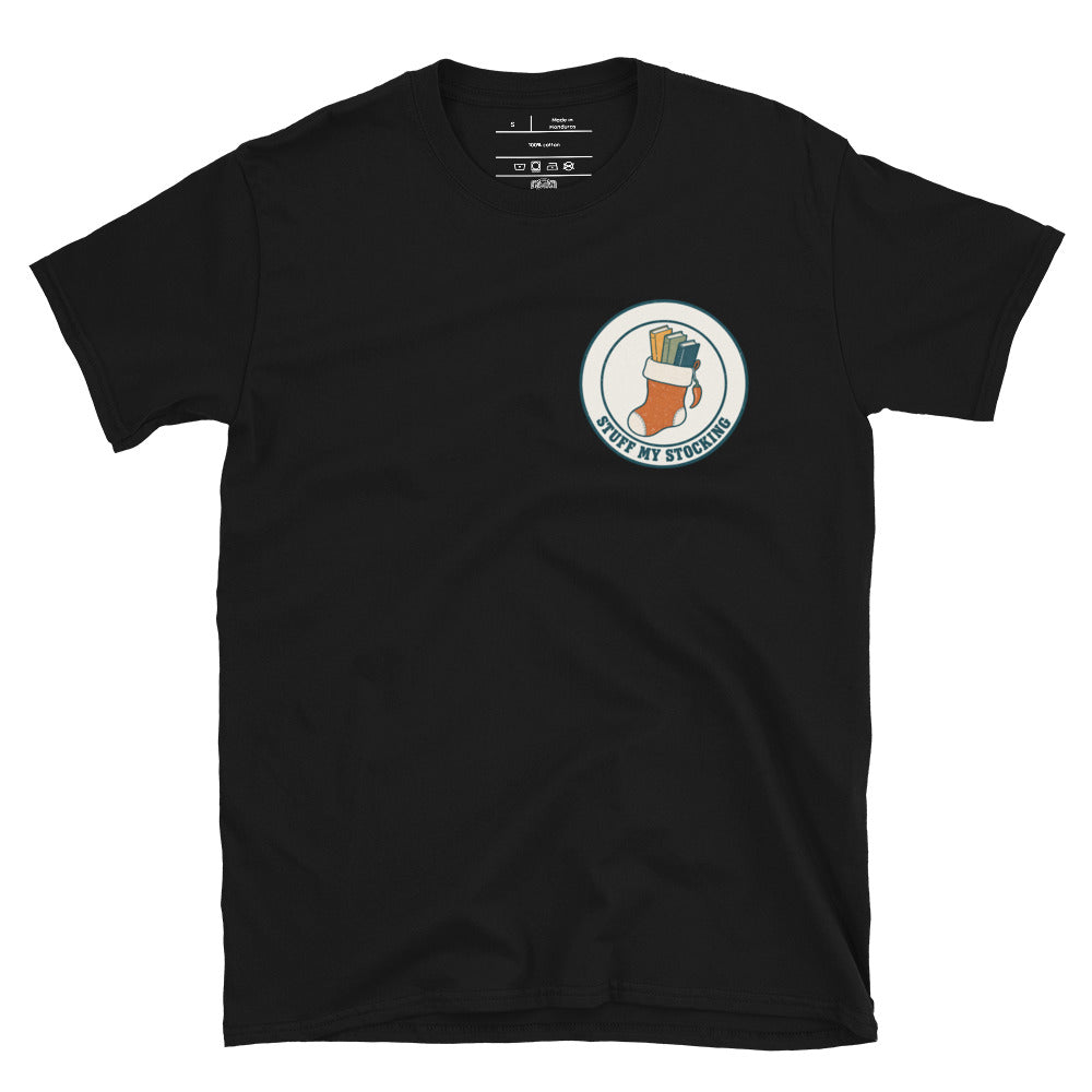Stuff My Stocking unisex tee in black with a Christmas stocking full of books and a chili pepper charm