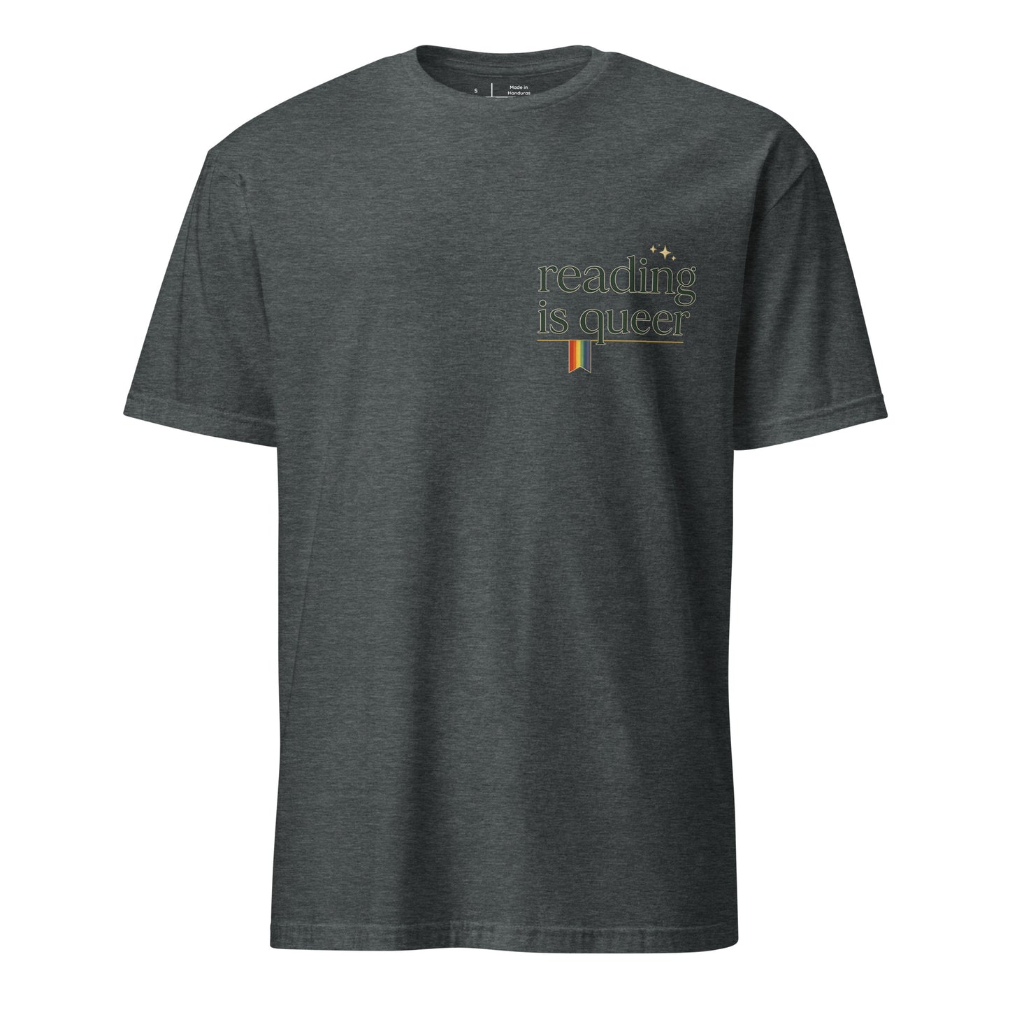 Reading is Queer unisex pride tee in dark heather grey with retro 'reading is queer' lettering and rainbow accent