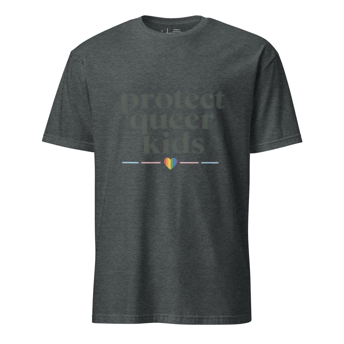 Protect Queer Kids unisex pride tee in dark heather grey with stacked typography and rainbow heart accent