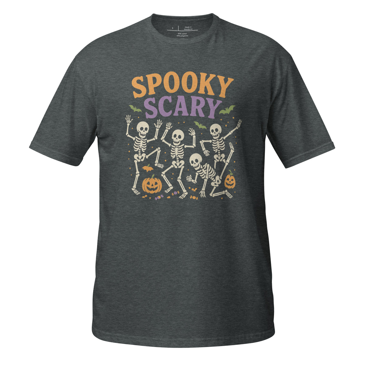 Spooky Scary unisex tee in dark heather with dancing skeletons and jack-o'-lanterns
