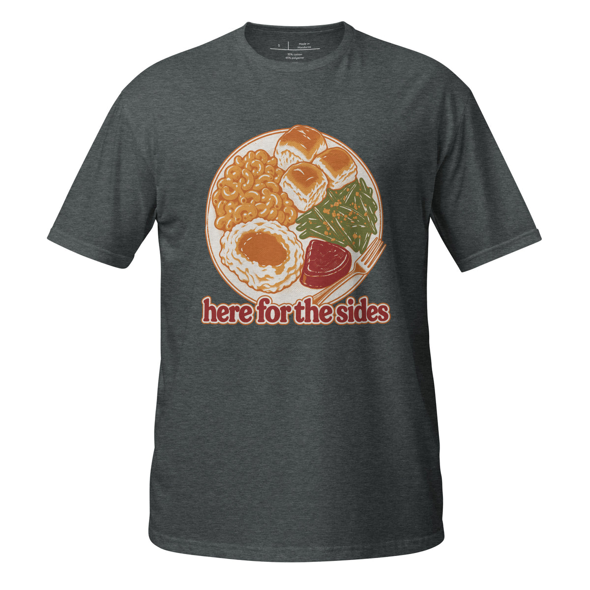Here for the Sides unisex tee in dark heather with a retro plate of Thanksgiving sides
