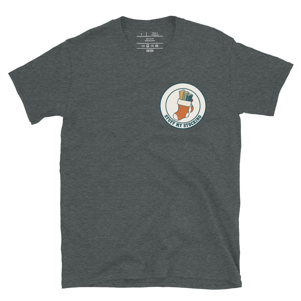 Stuff My Stocking unisex tee in dark heather with a Christmas stocking full of books and a chili pepper charm