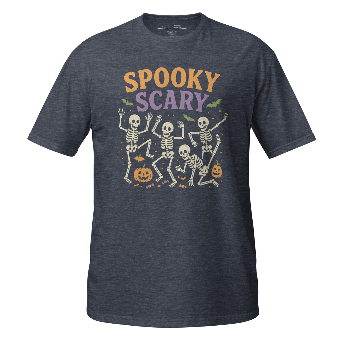 Spooky Scary unisex tee in heather navy with dancing skeletons and jack-o'-lanterns