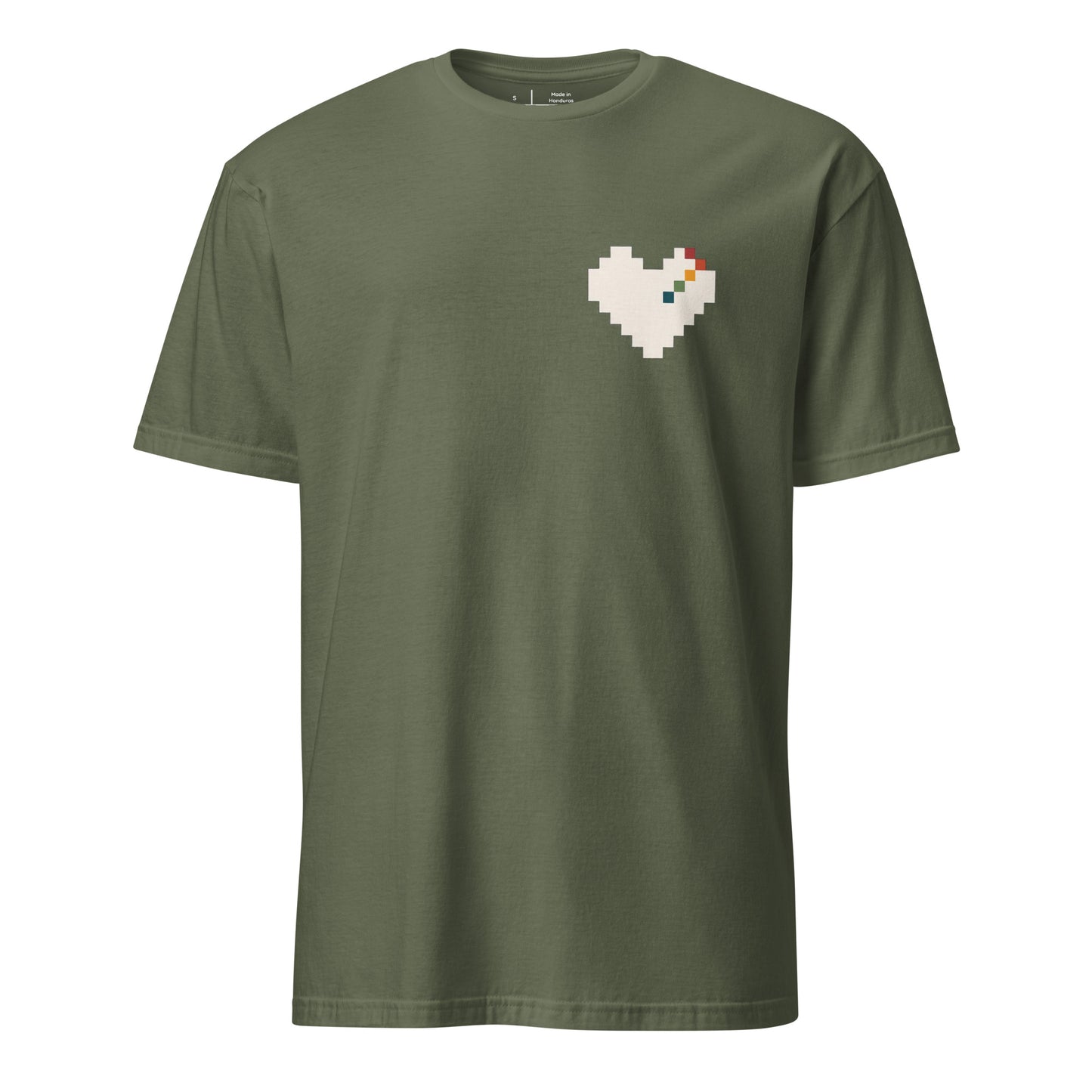 Pixel Heart Pride unisex tee in military green with a small pixel-art rainbow heart on the chest