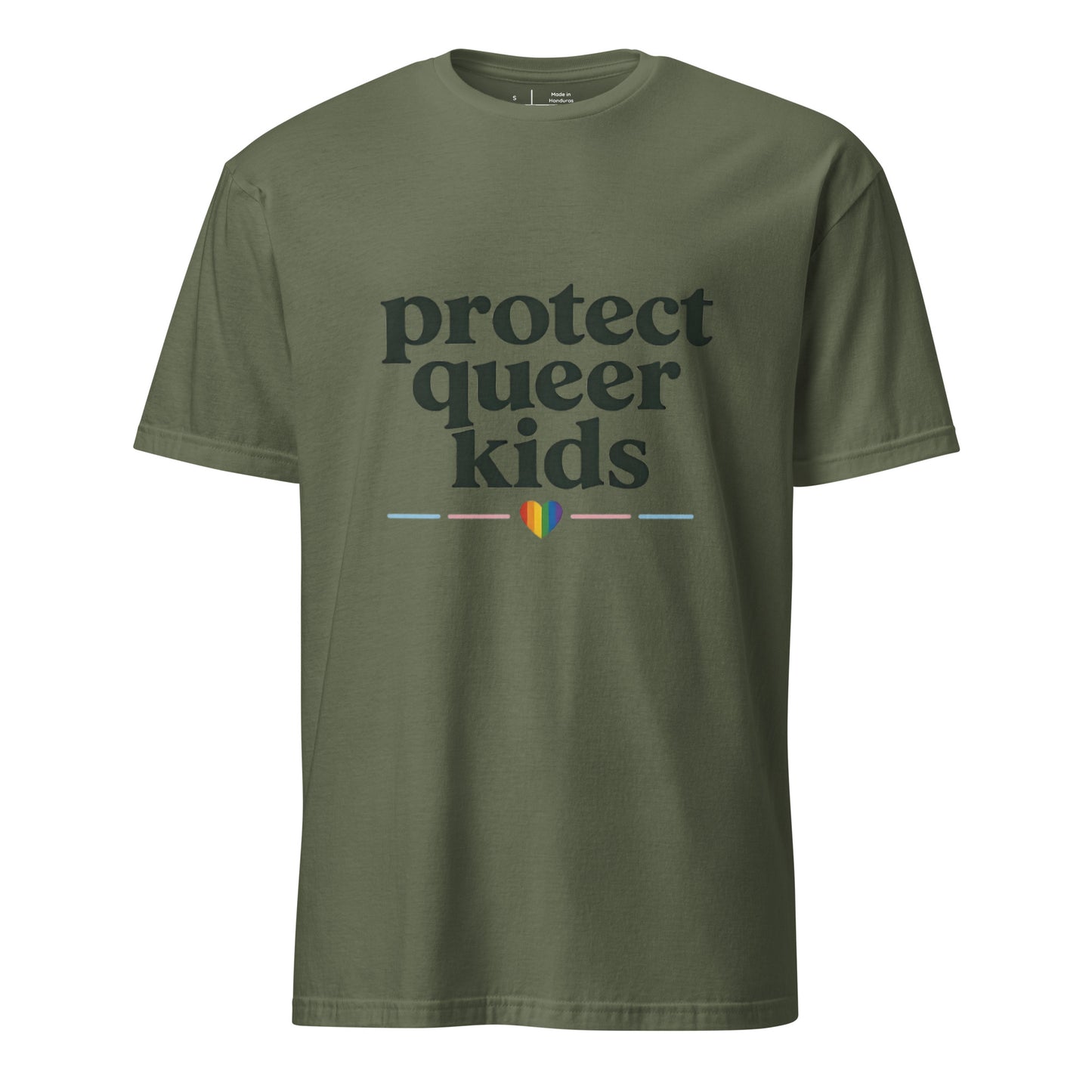 Protect Queer Kids unisex pride tee in military green with stacked typography and rainbow heart accent