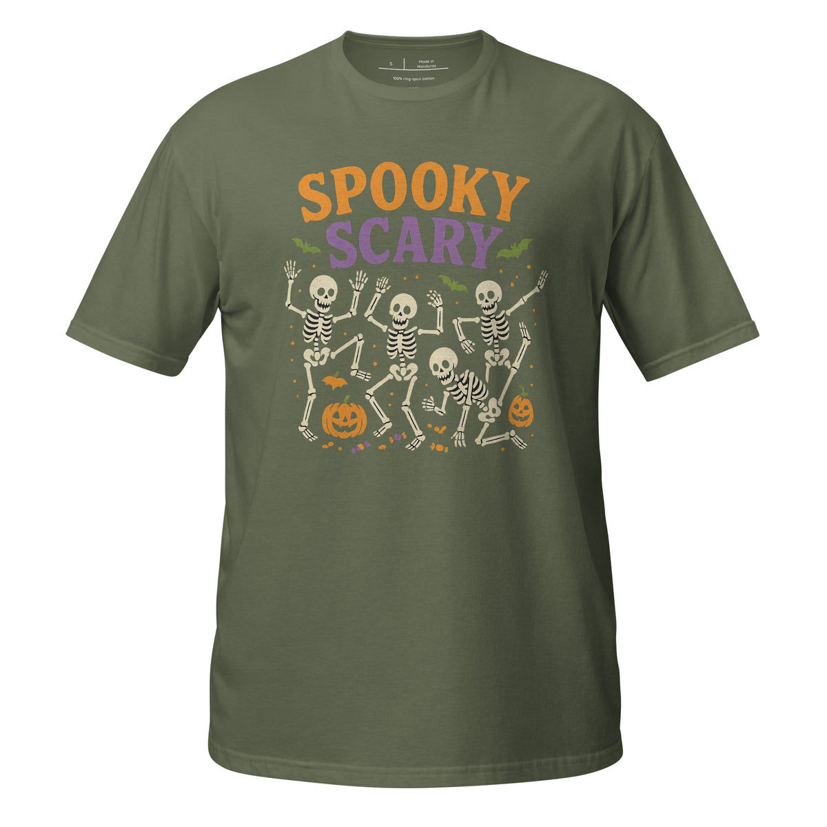 Spooky Scary unisex tee in military green with dancing skeletons and jack-o'-lanterns