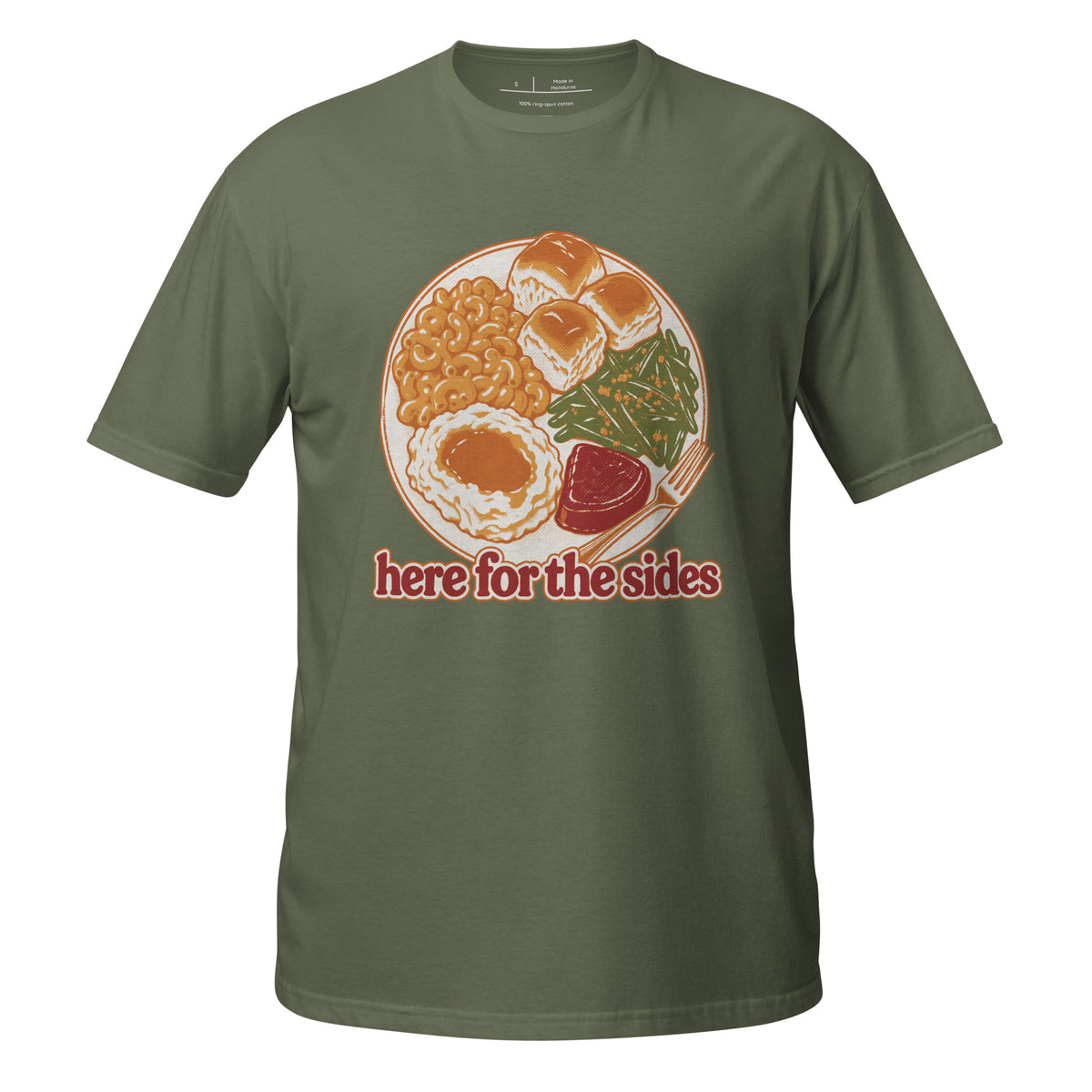 Here for the Sides unisex tee in military green with a retro plate of Thanksgiving sides