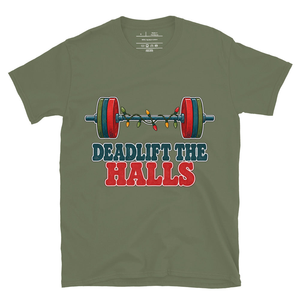 Deadlift the Halls unisex tee in military green with a barbell wrapped in Christmas lights