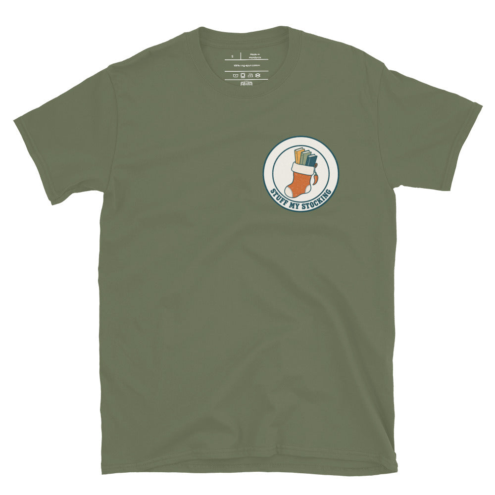 Stuff My Stocking unisex tee in military green with a Christmas stocking full of books and a chili pepper charm