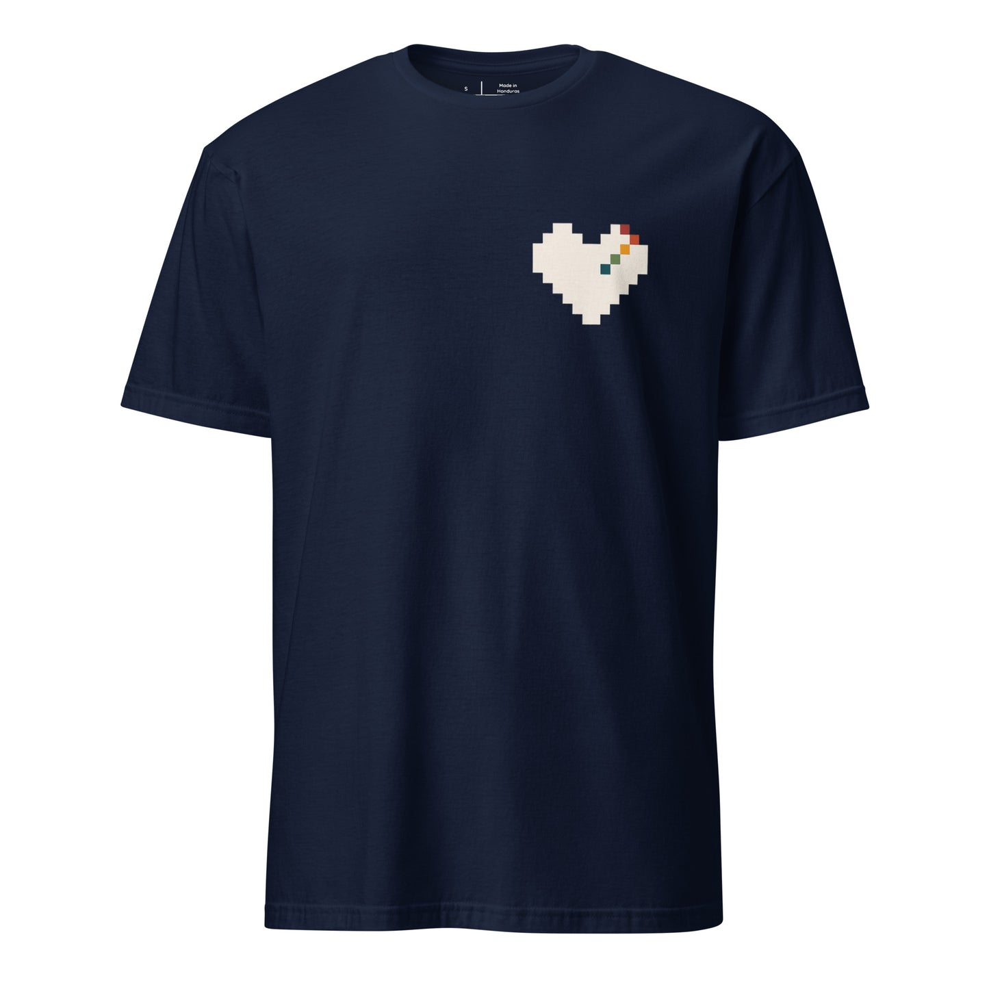 Pixel Heart Pride unisex tee in navy with a small pixel-art rainbow heart on the chest