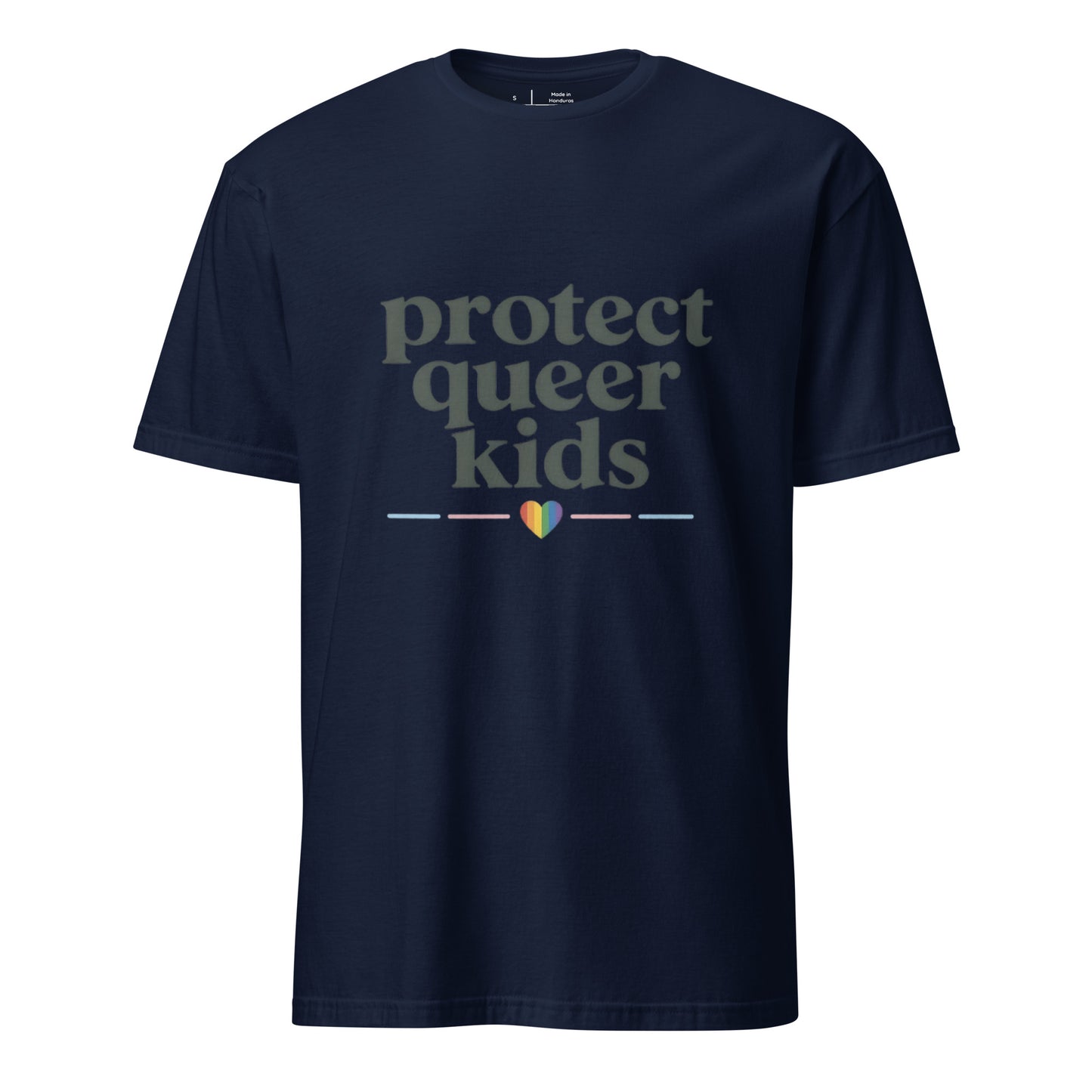 Protect Queer Kids unisex pride tee in navy with stacked typography and rainbow heart accent