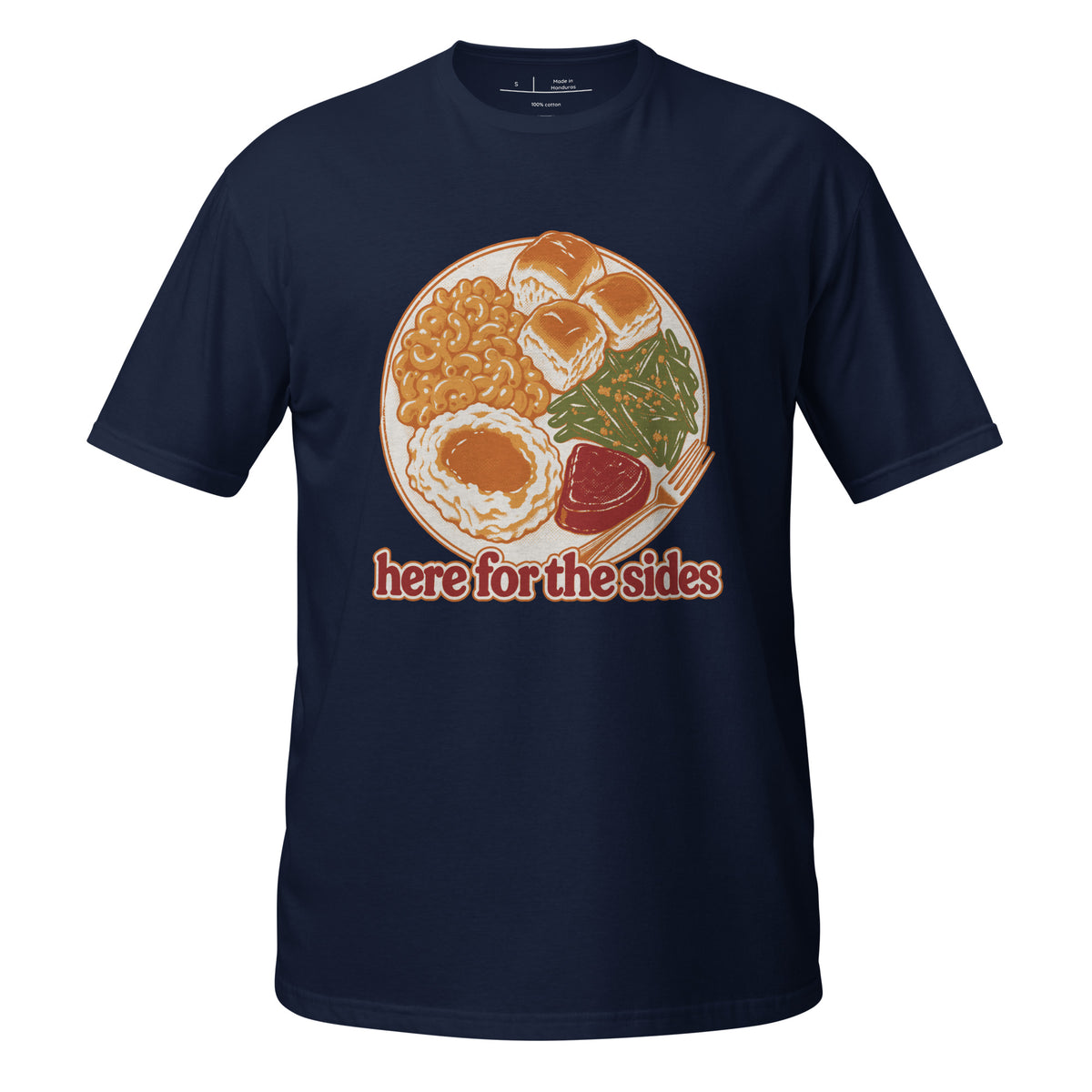 Here for the Sides unisex tee in navy with a retro plate of Thanksgiving sides