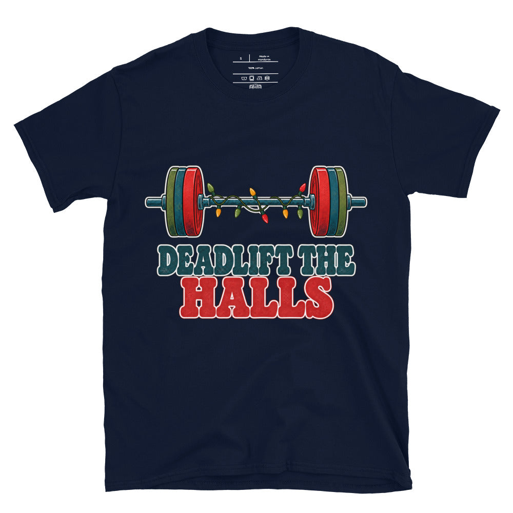 Deadlift the Halls unisex tee in navy with a barbell wrapped in Christmas lights