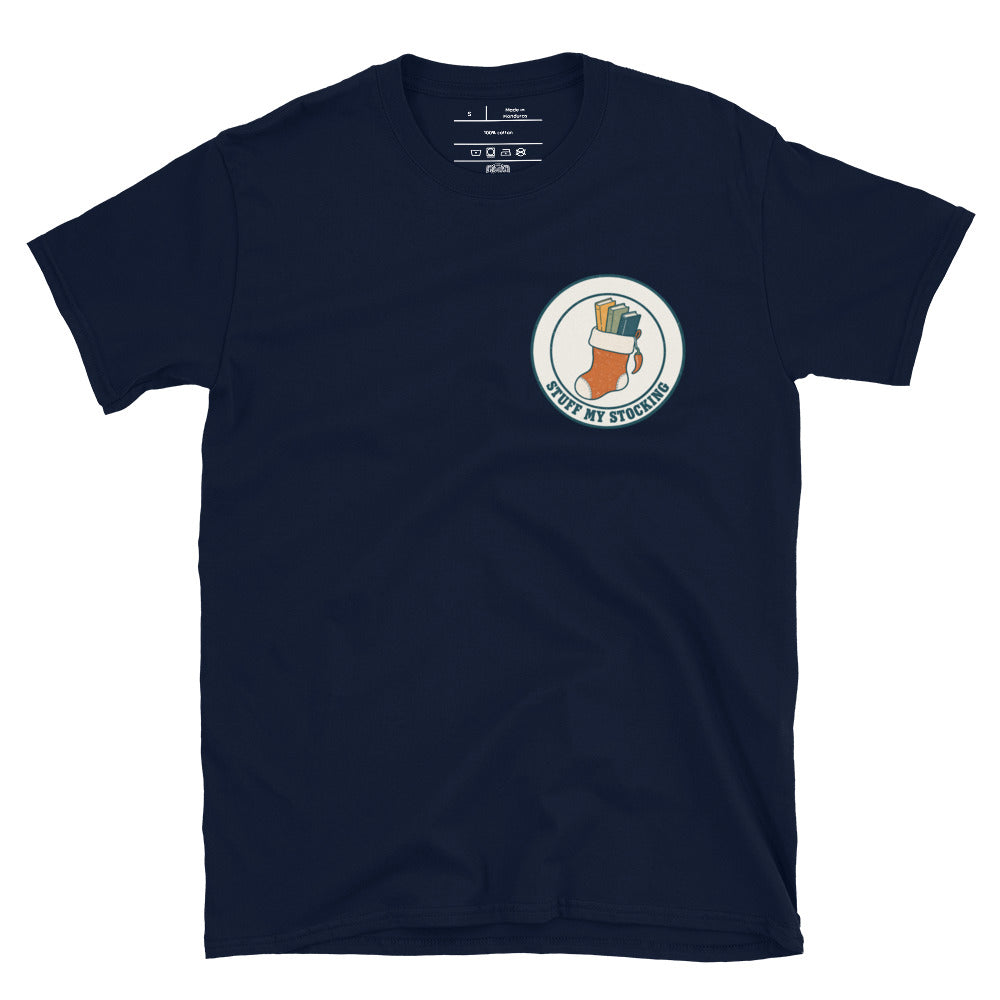 Stuff My Stocking unisex tee in navy with a Christmas stocking full of books and a chili pepper charm